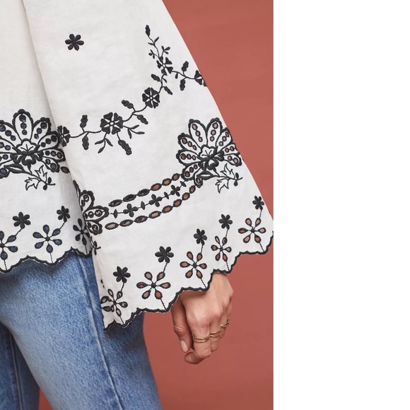ANTHROPOLOGIE Maeve Campbell Embroidered Off-The-Shoulder Blouse 00 - Picture 5 of 8